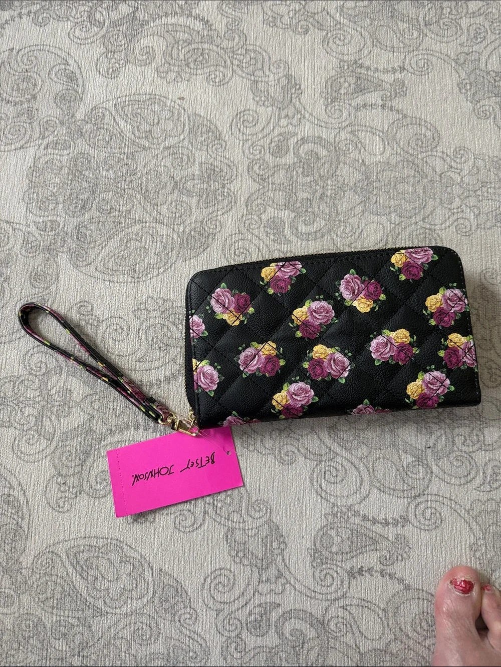 Betsey Johnson Black Quilted Wristlet with Pink and Yellow Floral Print NWT